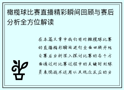 橄榄球比赛直播精彩瞬间回顾与赛后分析全方位解读