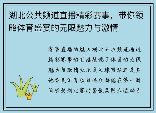 湖北公共频道直播精彩赛事，带你领略体育盛宴的无限魅力与激情